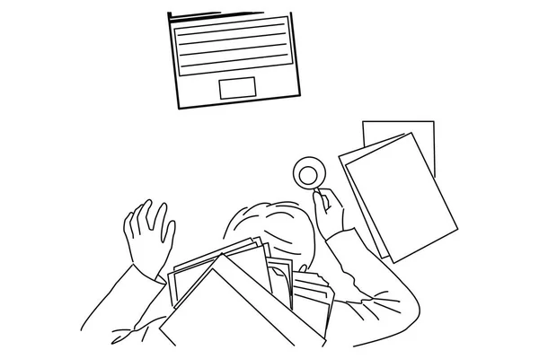 Illustration Businessman Heavy Workload Sleep Office Desk Line Art Style — Stockvector