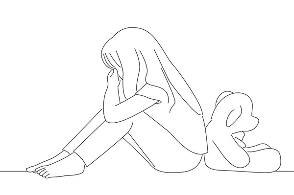 Illustration Little Autistic Girl Teddy Bear Sitting Floor Empty Room — Image vectorielle