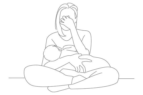 Outline Drawing Tired Mother Suffering Experiencing Postnatal Depression — ストックベクタ