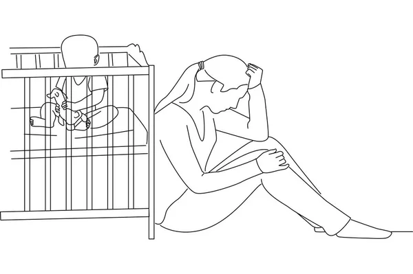 Drawing of depressed young woman with cute baby at baby crib. Line art style