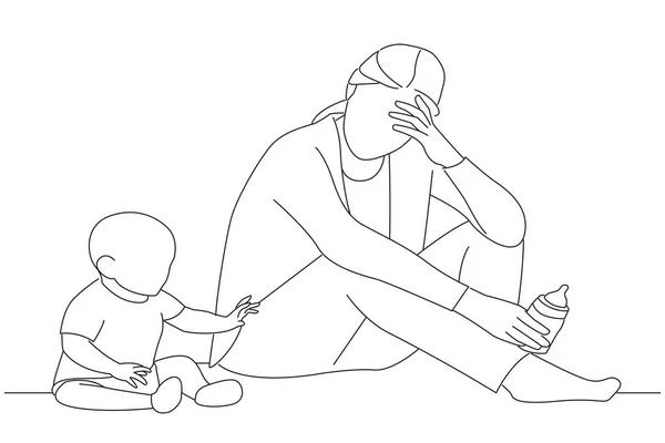 Cartoon Tired Young Woman Accompany Cute Baby Home Line Art — Vettoriale Stock