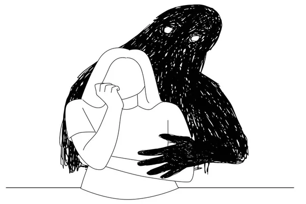 Woman Looking Stressed Nervous Hands Mouth Biting Nails Outline Drawing — ストックベクタ