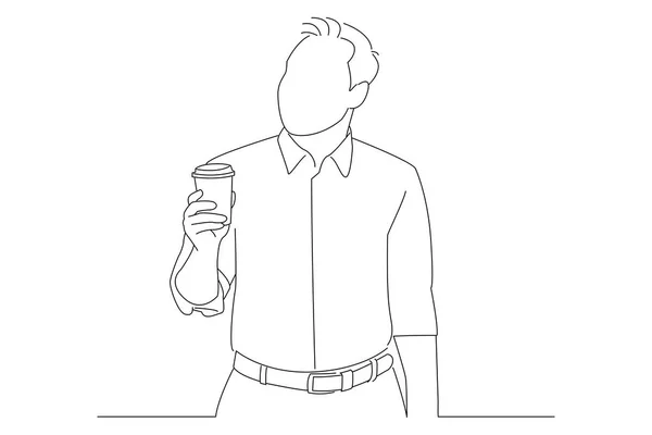 Drawing Business Man Standing Hold Cup Coffee Tea Looking Aside — Vetor de Stock