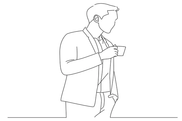 Businessman Working Holding Coffee Cup Looking Window Office Oneline Art — Stok Vektör