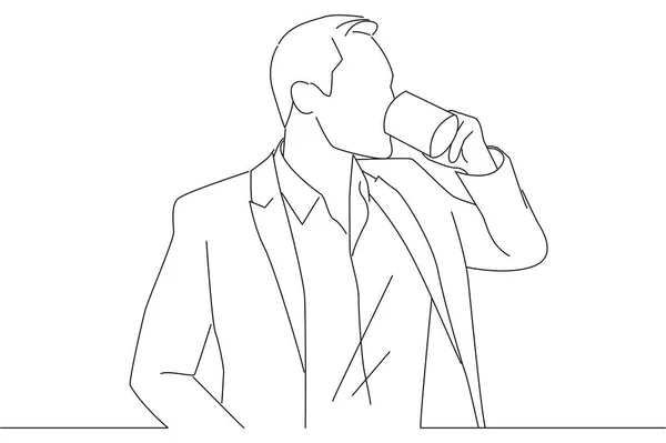 Business Man Drinking Cup Coffee Standing Window Look One Line — Vector de stock