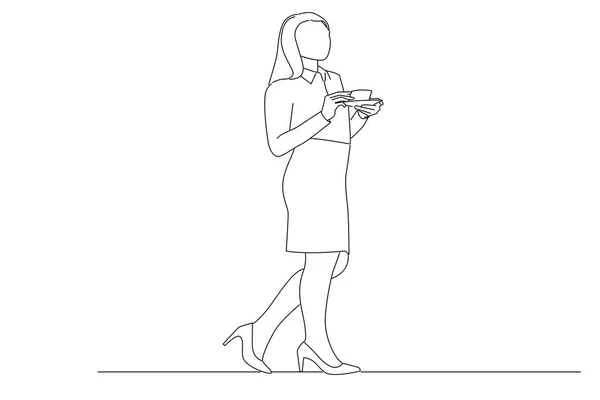 Businesswoman Holding Cup Coffee Standing Wearing Her High Heels One — Vetor de Stock