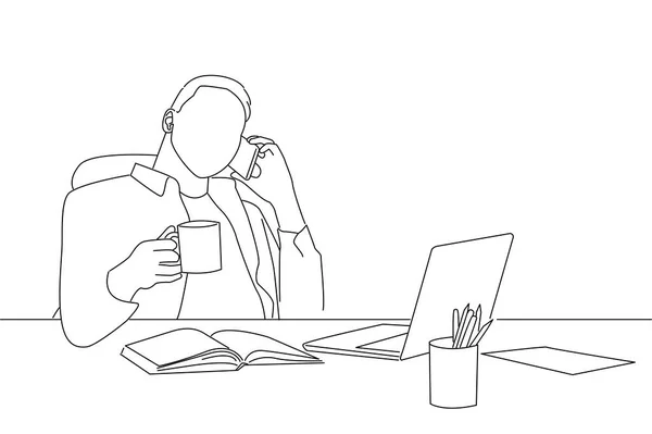 Employee Talking Phone Holding Cup Hot Drink Having Coffee Break — Stok Vektör