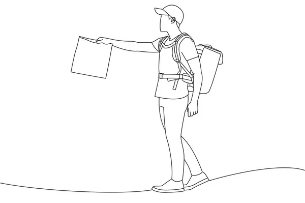 Employee Delivery Company Wear Backpack Hold Craft Outline Drawing Style —  Vetores de Stock