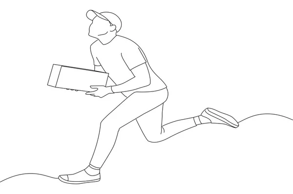 Illustration Jumping Delivery Man Carry Package Send Overnight Line Art — Διανυσματικό Αρχείο