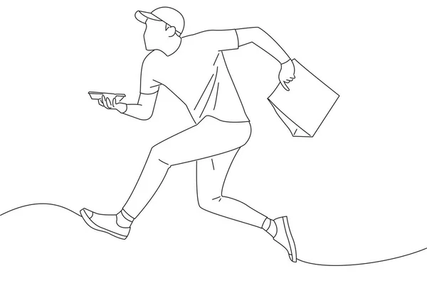 Cartoon Delivery Man Jumping Hold Craft Paper Packet Food Coffee — Διανυσματικό Αρχείο