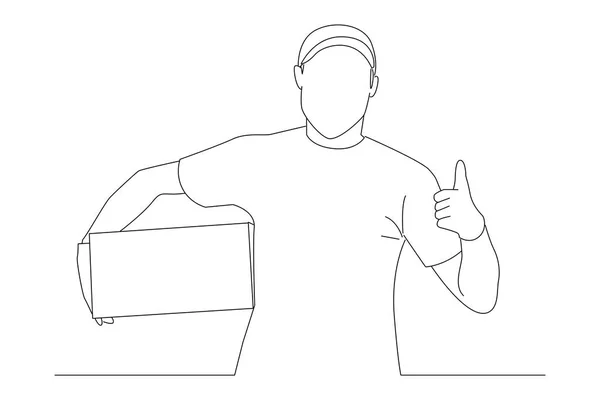 Delivery Man Employee Hold Empty Cardboard Box Thumb Line Art —  Vetores de Stock