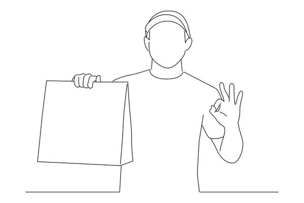 Delivery Man Hold Craft Paper Packet Food Showing Sign Outline — Vetor de Stock