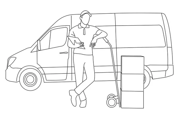 Drawing Male Courier Delivery Van Boxes Hand Truck Isolated White —  Vetores de Stock