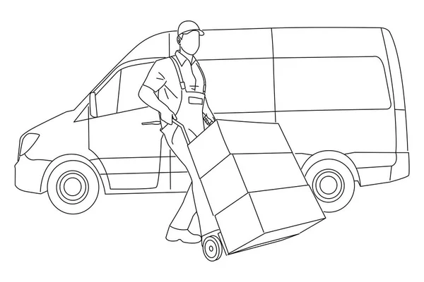 Cartoon Male Delivery Man Wear Uniform Pushing Hand Truck Loaded — Vetor de Stock