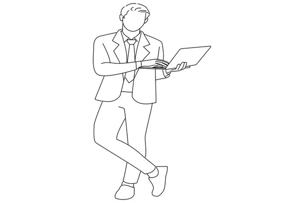 Male Agent Broker Holding Hands Laptop Working Oneline Art Drawing — Vector de stock
