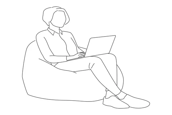 Business Woman Working Laptop Sitting Beanbag Chair One Line Art — Διανυσματικό Αρχείο