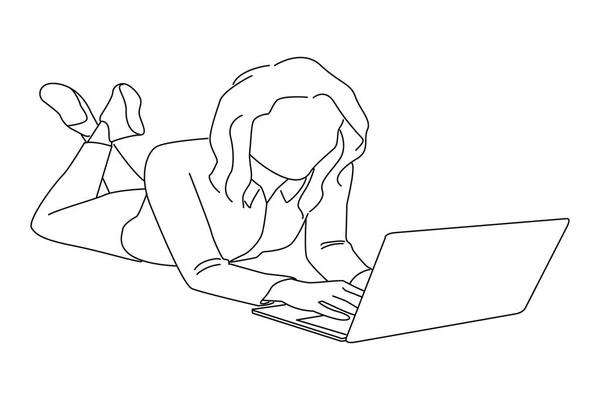 Businesswoman Lie Floor Work Laptop Line Art Style — Image vectorielle