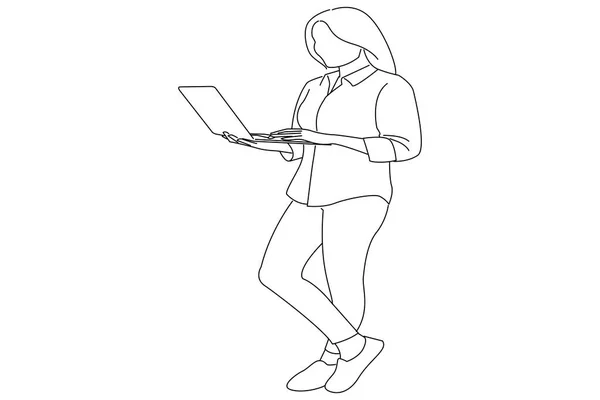 Businesswoman Standing Wall Holding Laptop Oneline Art Drawing Style — Stockový vektor