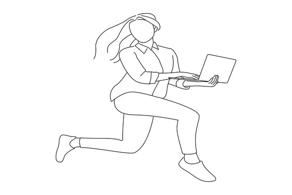 Business Woman Happy Jump Run Hold Laptop Outline Drawing Style — стоковый вектор