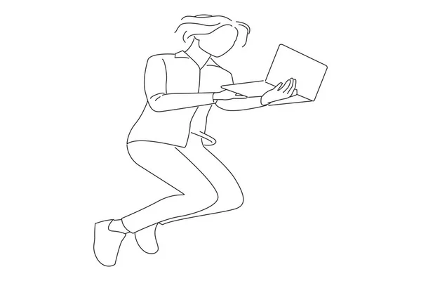 Businesswoman Jumping While Use Laptop Oneline Art Drawing Style — стоковый вектор