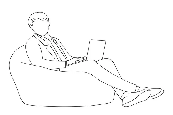 Cartoon Businessman Sit Chair Programmer Chat Type Laptop Isolated Outline — Stockvector