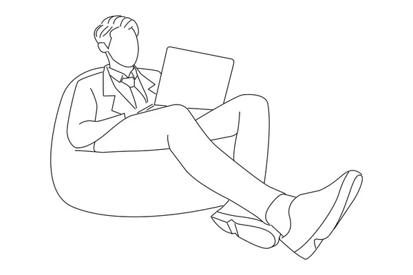 Drawing Businessman Sitting Pouf Using Laptop Line Art Style — Stok Vektör