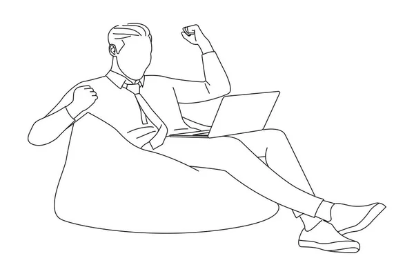 Male Freelancer Gesturing Winner Laptop Oneline Art Drawing Style — Διανυσματικό Αρχείο