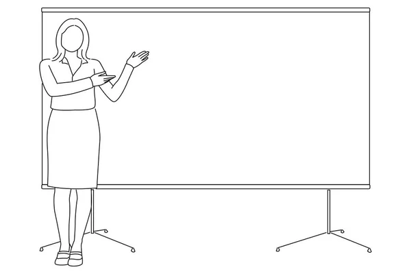 Business Woman Presenting Whiteboard Line Art Style — Vetor de Stock