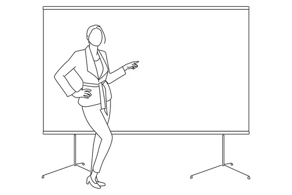 Business Woman Whiteboard Points Copy Space One Line Art — Stockvector
