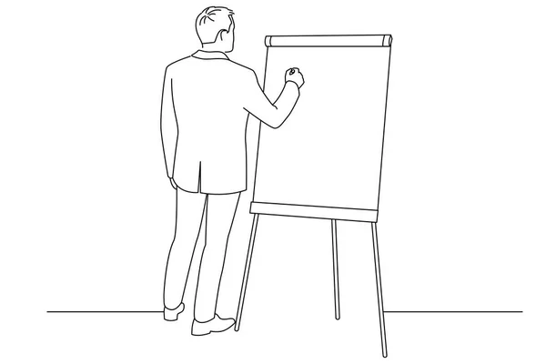 Cartoon Businessman Writing Flipchart Oneline Art Drawing Style — 图库矢量图片