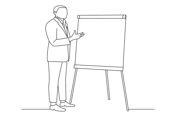 Drawing Confident Speaker Gives Presentation Flipchart Presenting One Line Art — Vetor de Stock