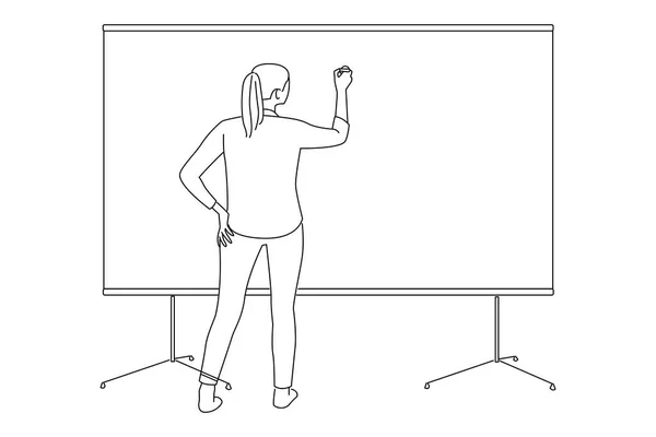 Woman Writing Whiteboard Office Back View Oneline Art Drawing Style — Stok Vektör
