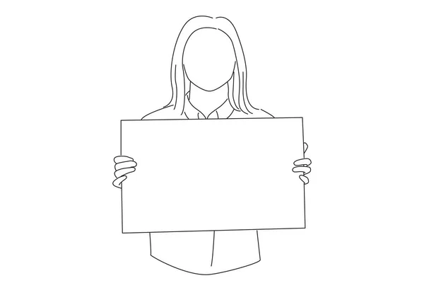 Woman Holding Blank Billboard Isolated Oneline Art Drawing Style — Vettoriale Stock