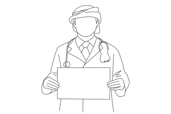 Arab Doctor Holding White Cardboard Banner Isolated Outline Drawing Style — Image vectorielle