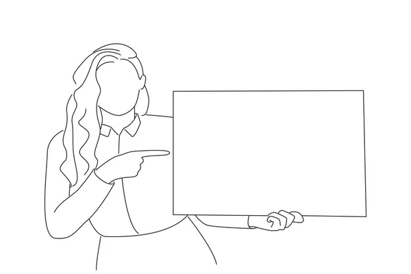 Business Woman Shows Blank Bilboard Isolated White Copy Space One — Stockový vektor