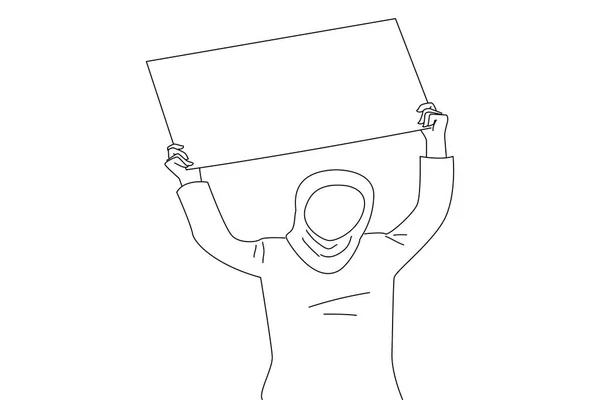 Muslim Businesswoman Holding Blank Billboard Her Head Line Art Style — 图库矢量图片