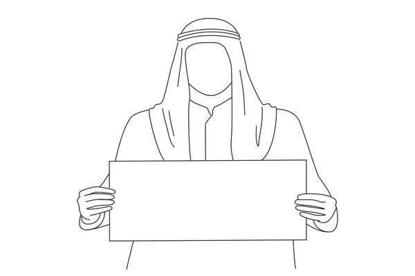 Arab Businessman Showing Blank Signboard Empty Copy Space Outline Drawing — Vector de stock