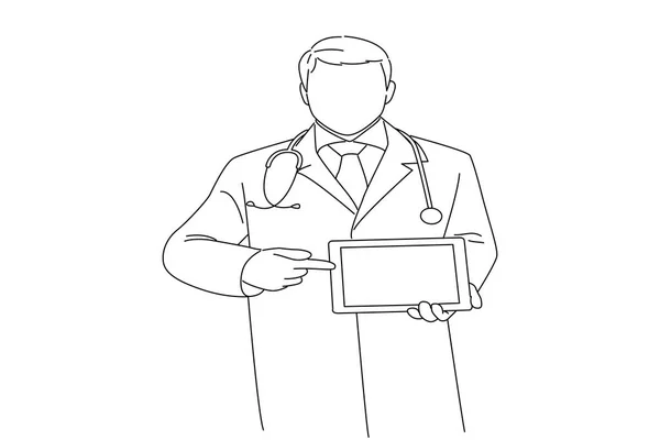 Doctor Holding Blank Digital Tablet White Background Line Art Style — Vector de stock