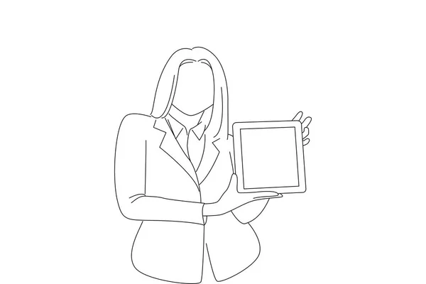 Woman Showing Blank Tablet Computer Screen Looking Camera Line Art — Διανυσματικό Αρχείο