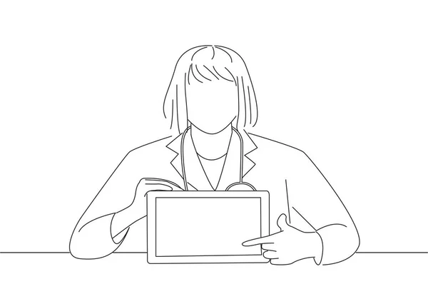 Drawing Young Professional Medical Doctor Showing Tablet Oneline Art Drawing — Stockvector