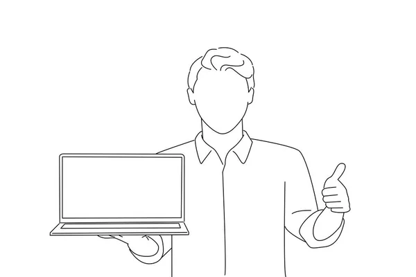 Businessman Holds Open Laptop Blank White Screen Outline Drawing Style — Stok Vektör