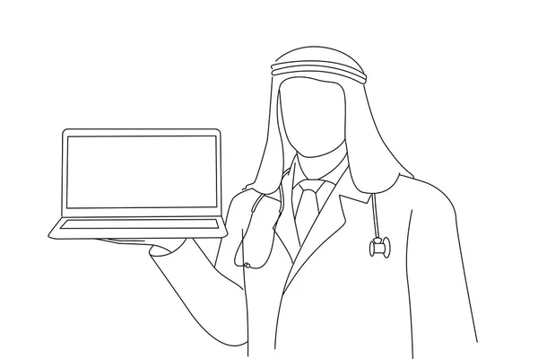 Muslim Doctor Holding Laptop Computer Blank Screen Outline Drawing Style — Stockvector