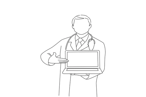 Illustration Male Doctor Showing Laptop Oneline Art Drawing Styl — Vettoriale Stock