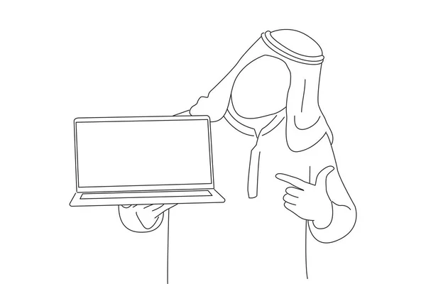 Arab Businessman Showing Laptop Computer Blank Screen Line Art Style — Stock vektor