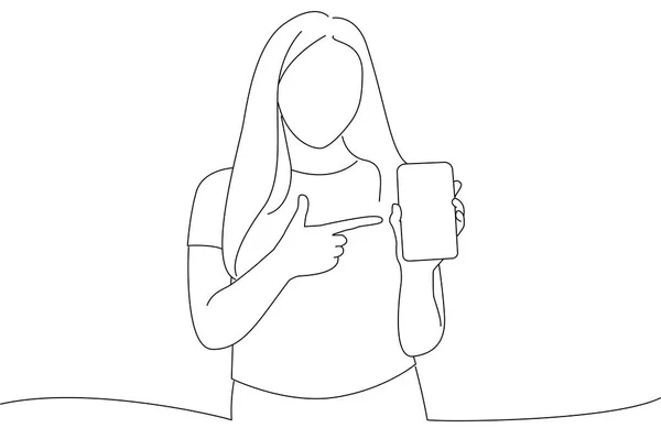 Woman Holding Blank Screen Mobile Phone Pointing Finger Outline Drawing — Vettoriale Stock