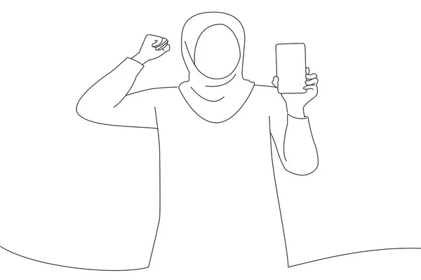 Woman Wear Hijab Showing Blank Screen Mobile Phone Outline Drawing — Stock vektor