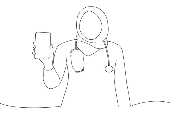 Muslim Woman Smiling Nurse Showing Phone Line Art Style — Stock Vector