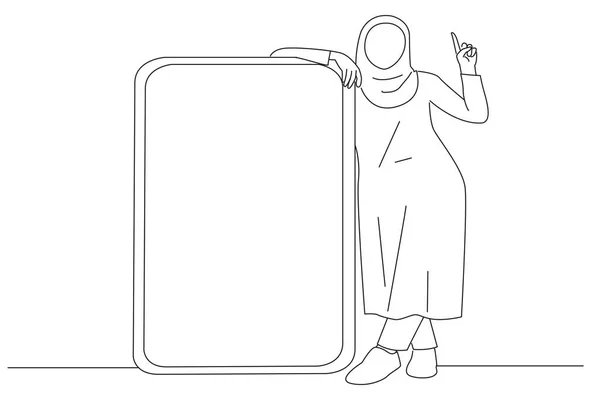 Woman Leaning Big Smartphone Pointing Finger Oneline Art Drawing Style - Stok Vektor