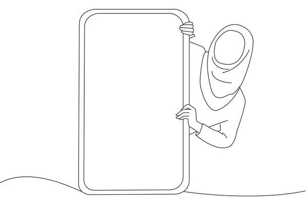 Muslim Lady Peeking Out Big Giant Vertical Smartphone One Line — Stock Vector