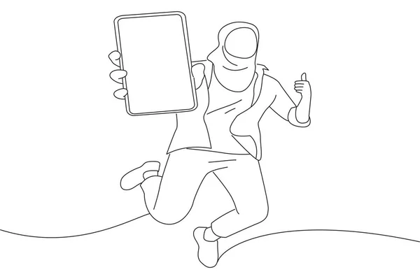 Muslim Teenager Jumping Show Thumb Smartphone Outline Drawing Style Art — Stockvector